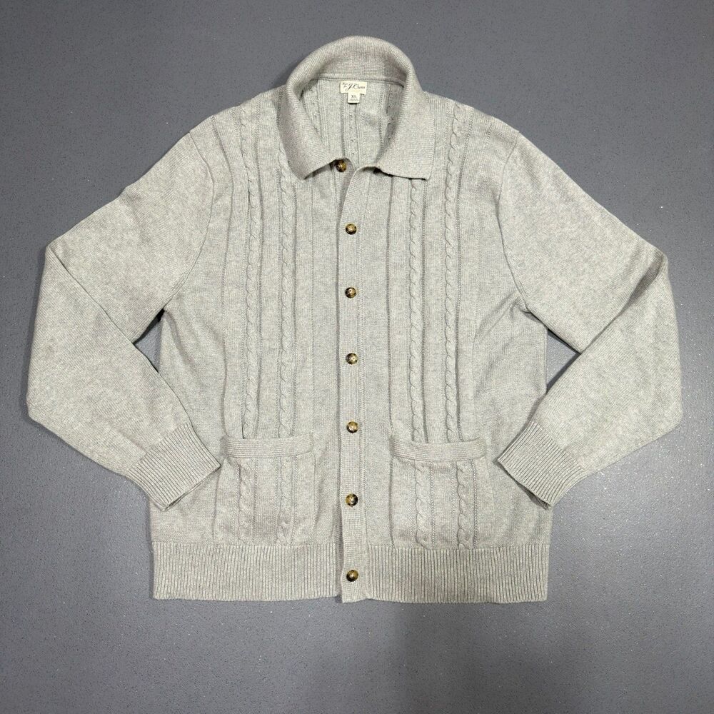 JCrew Cable Knit Collared Cardigan Sweater Mens XL Grey Button Front Cotton